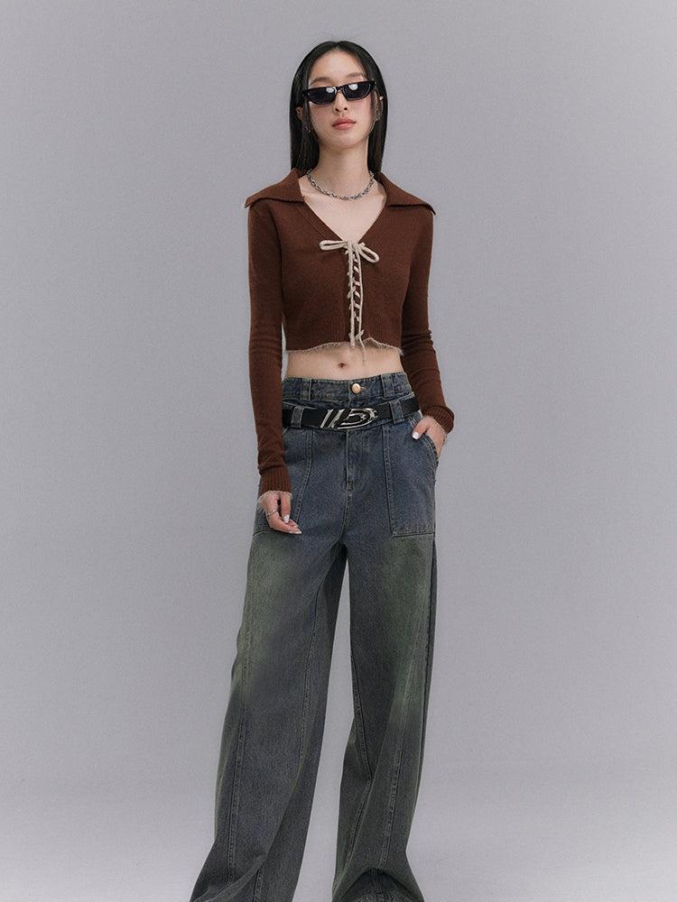 Lace-up V-neck Retro Cropped Knit