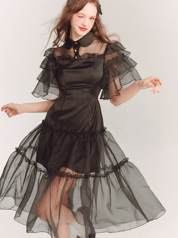 See-Through Tiererd Flare-Sleeve Frill Dress One-Piece