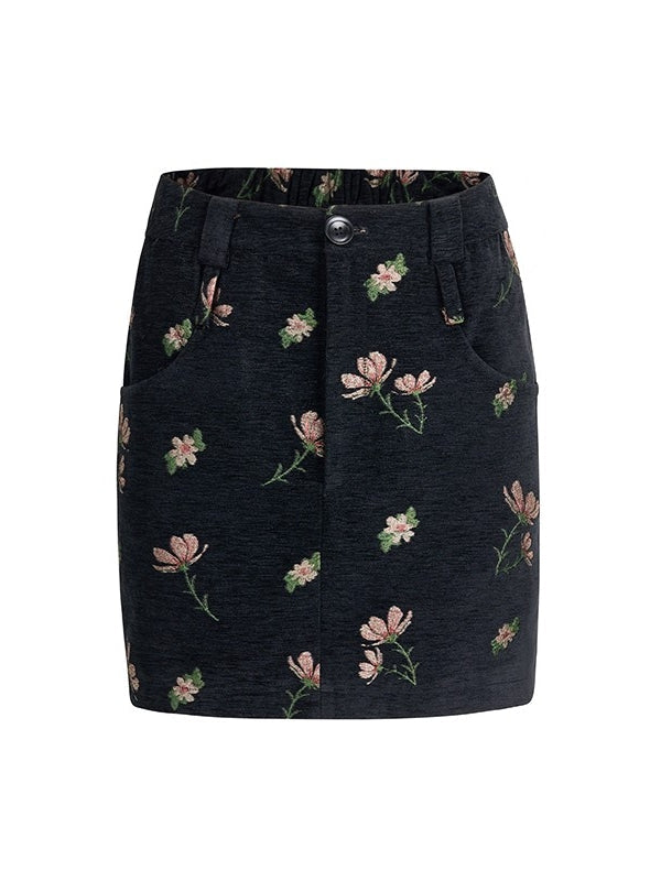 2Type Flower Embroidery Tight I-Line Short Long Skirt