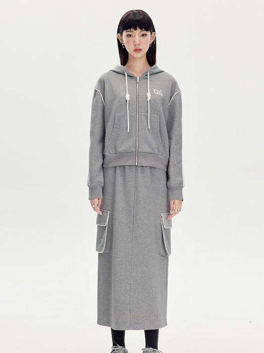 Sweat Casual Hoodie Parka＆Long-Skirt