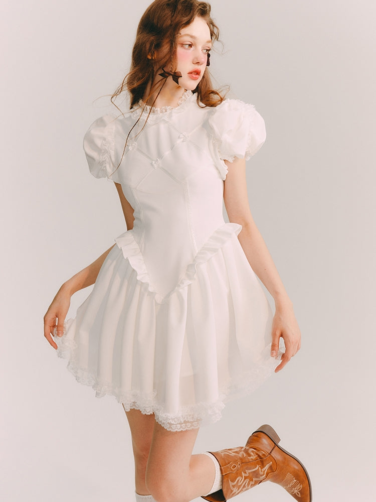 Puff-Sleeve Lace Frill Princess One-Piece