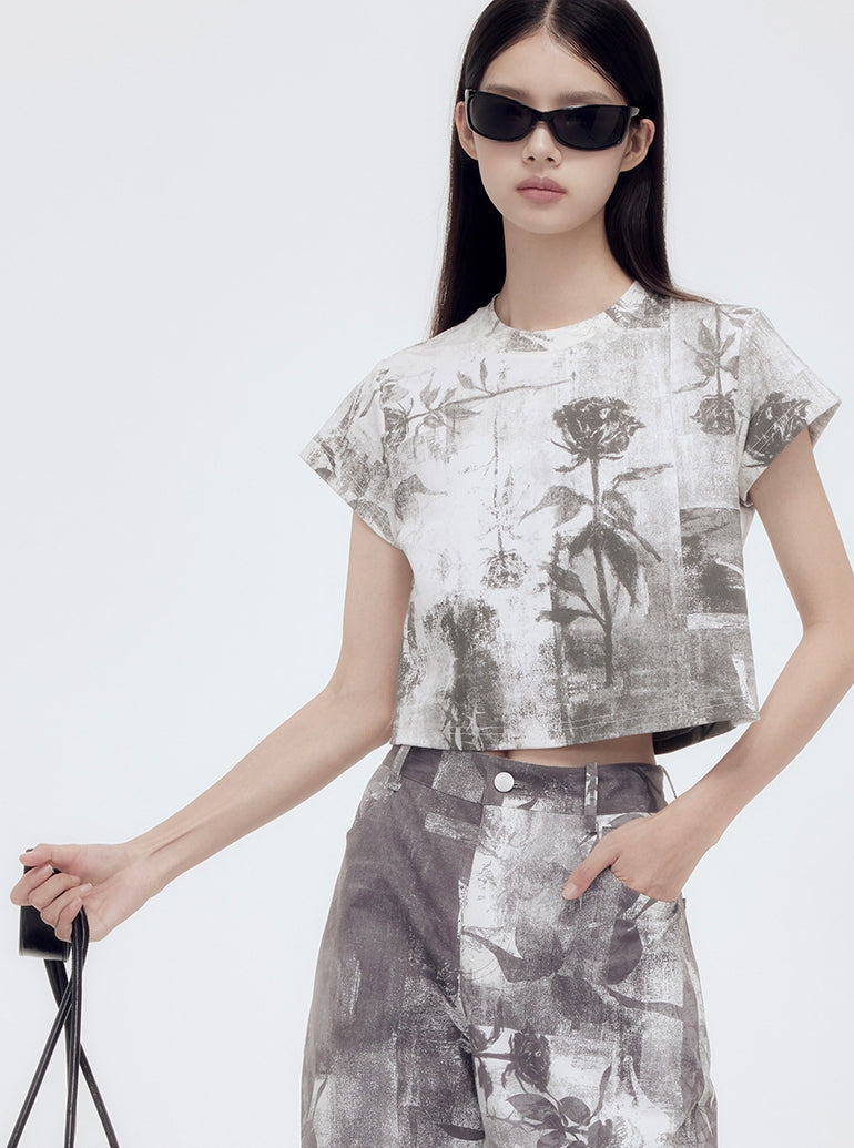 Silhouette Flower Retro Cropped T-Shirt