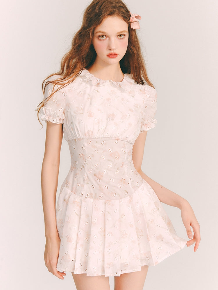 Punching Butterfly Frill Puff-Sleeves Feminine Mini-One-Piece