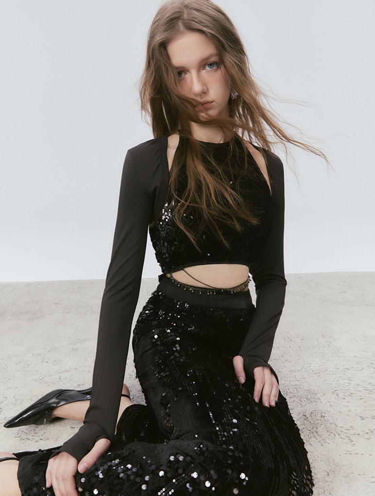 체인 시퀸 러스터 탑&amp;롱스커트 