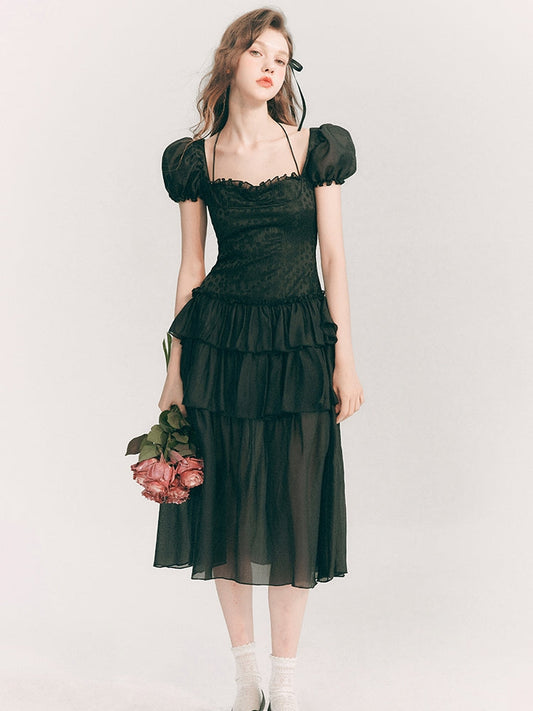 레이스 엘레강트 롱 티어드 시어 퍼프-슬리브 원피스 