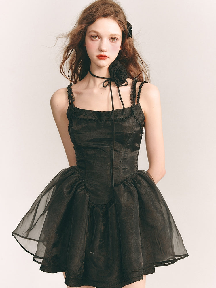 Tulle Fluffily Dress Flower Embroidery One-Piece