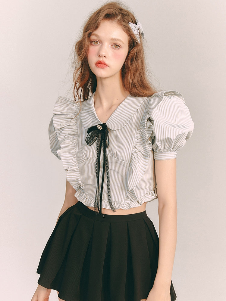 Stripe Frill Cropped Puff-Sleeve Blouse