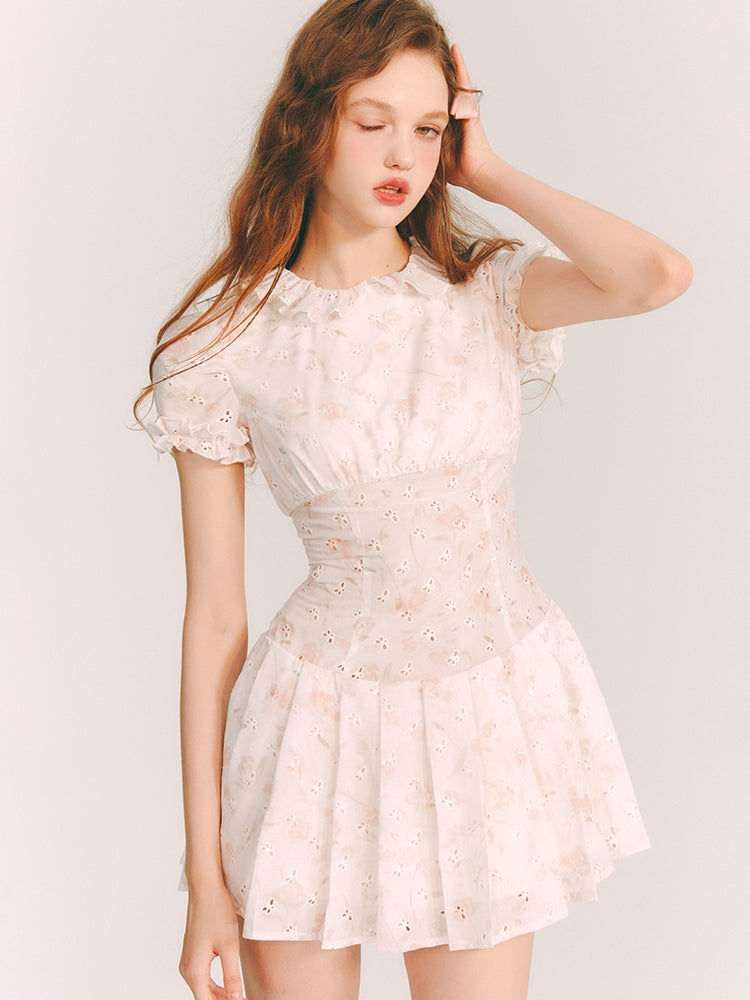 Punching Butterfly Frill Puff-Sleeves Feminine Mini-One-Piece