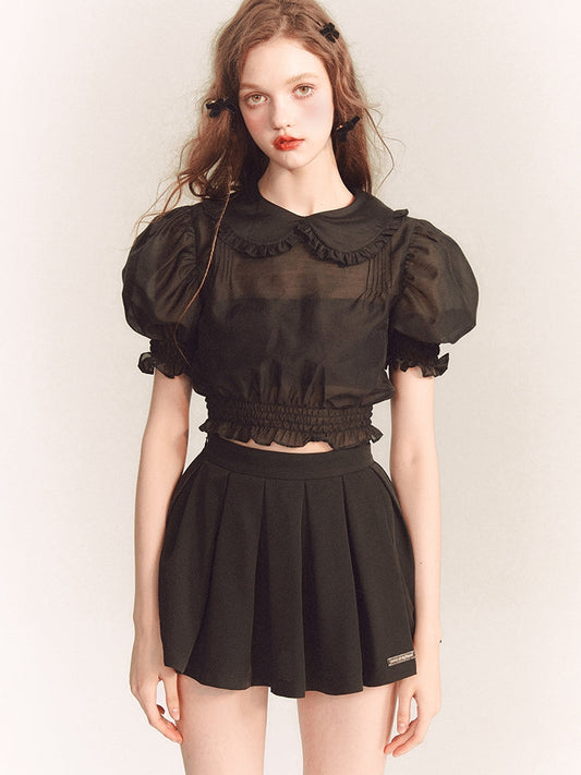 Puff-Sleeve Sheer Frill Girly Short Feminine Blouse