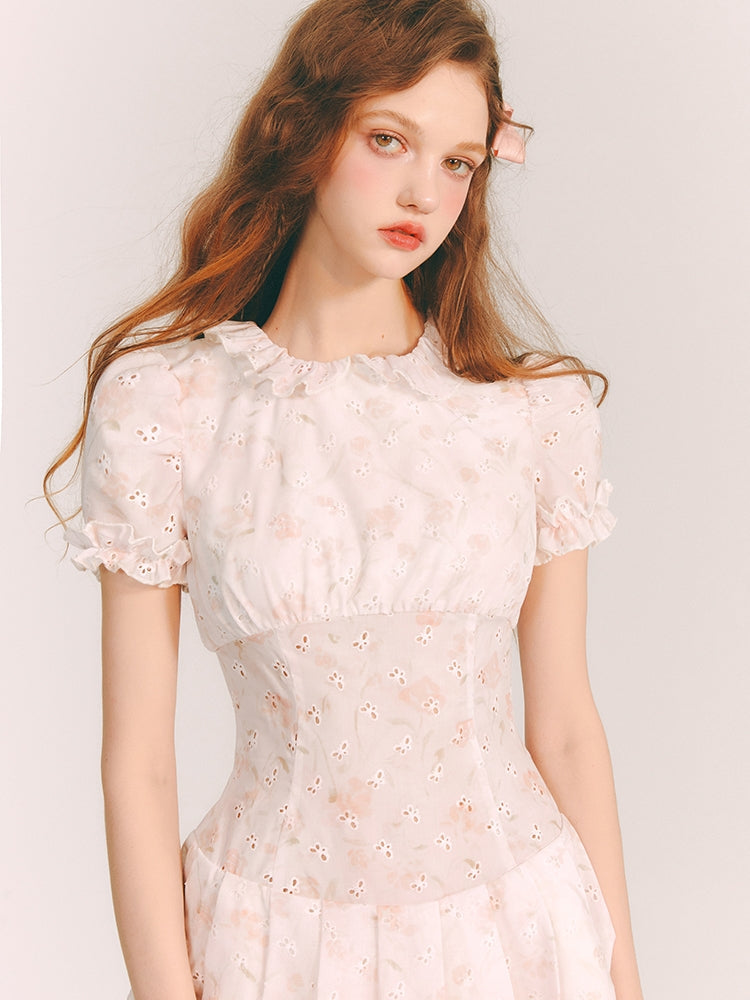 Punching Butterfly Frill Puff-Sleeves Feminine Mini-One-Piece