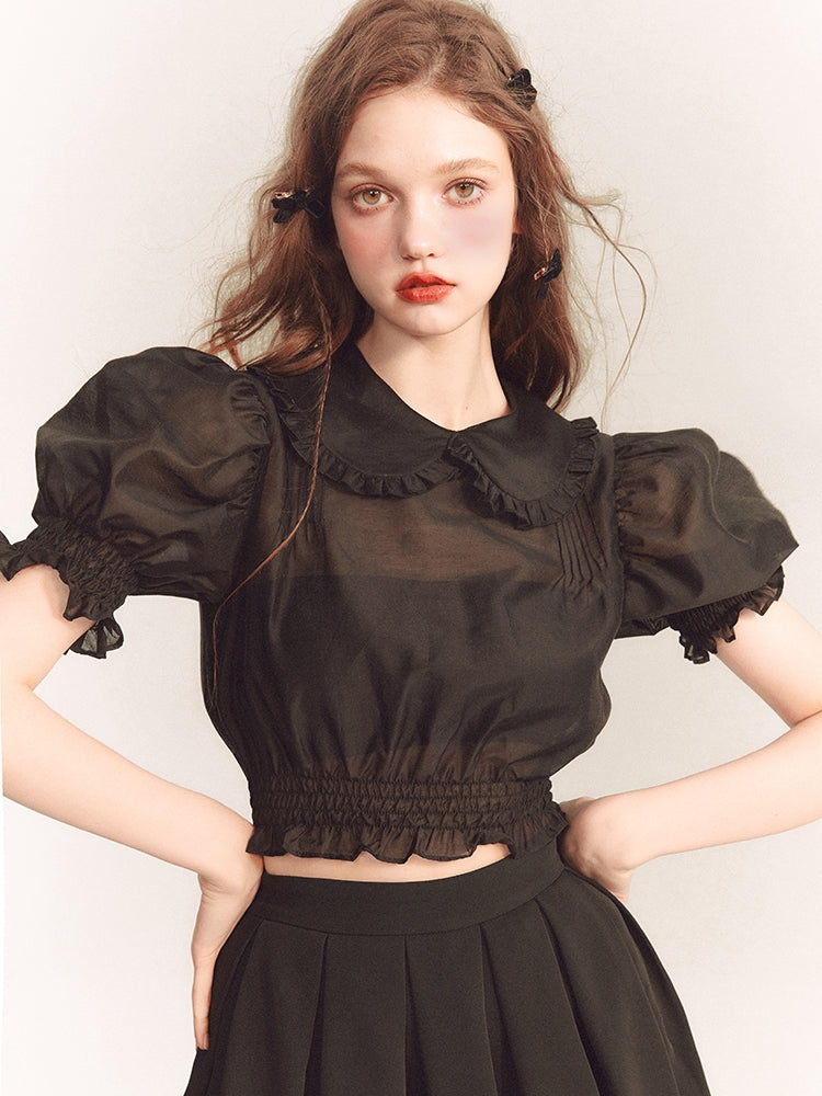 Puff-Sleeve Sheer Frill Girly Short Feminine Blouse