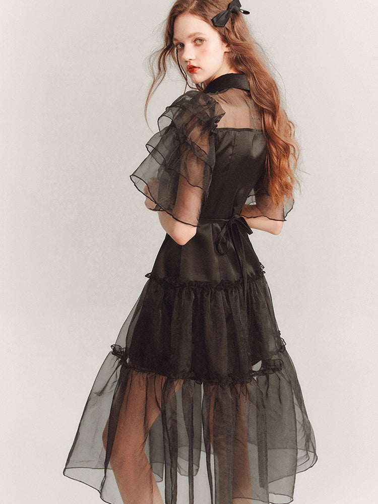 See-Through Tiererd Flare-Sleeve Frill Dress One-Piece