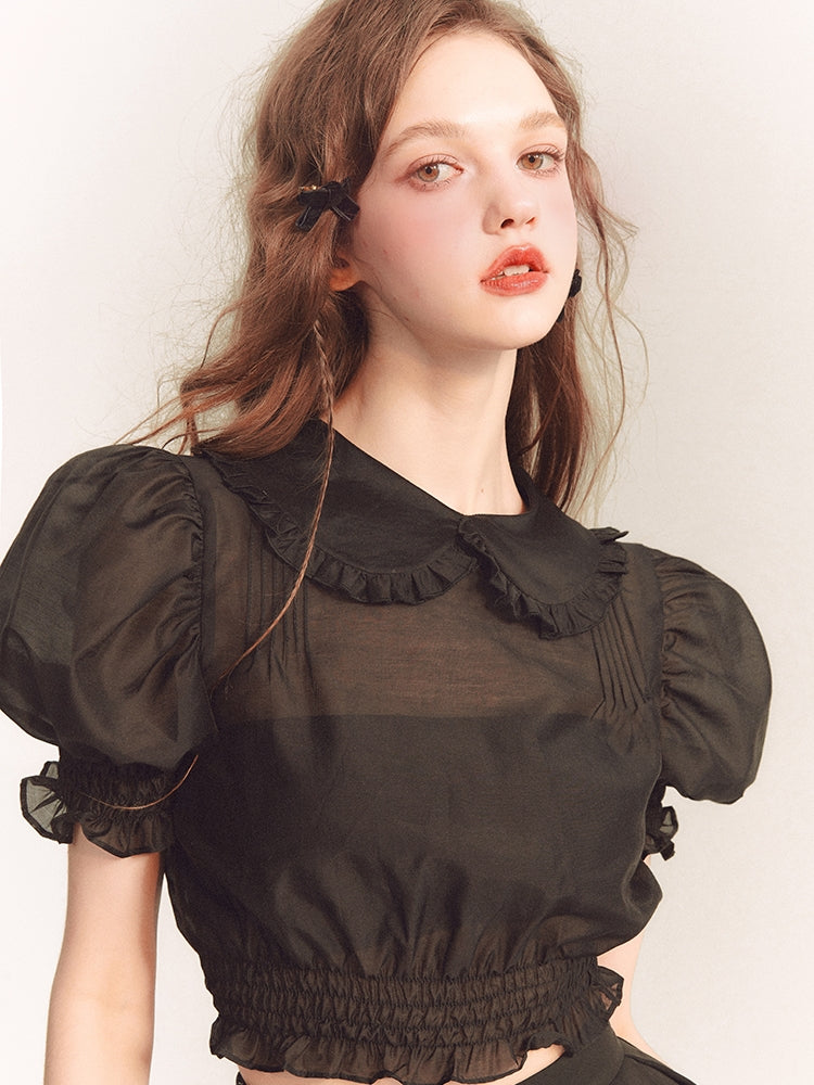 Puff-Sleeve Sheer Frill Girly Short Feminine Blouse