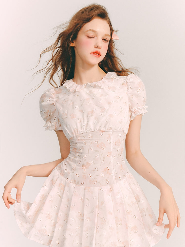 Punching Butterfly Frill Puff-Sleeves Feminine Mini-One-Piece