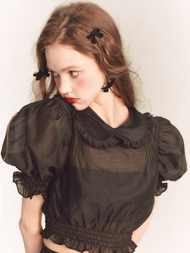 Puff-Sleeve Sheer Frill Girly Short Feminine Blouse