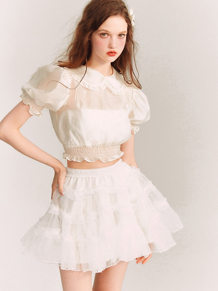 Puff-Sleeve Sheer Frill Girly Short Feminine Blouse