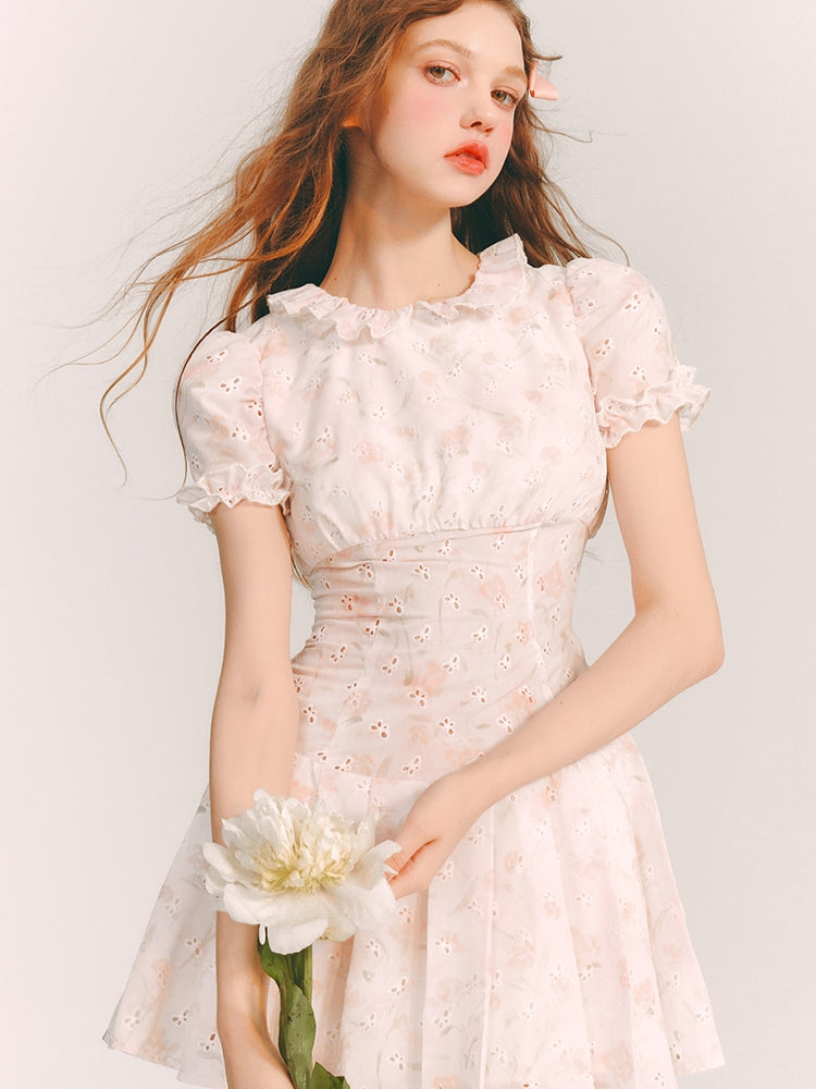 Punching Butterfly Frill Puff-Sleeves Feminine Mini-One-Piece