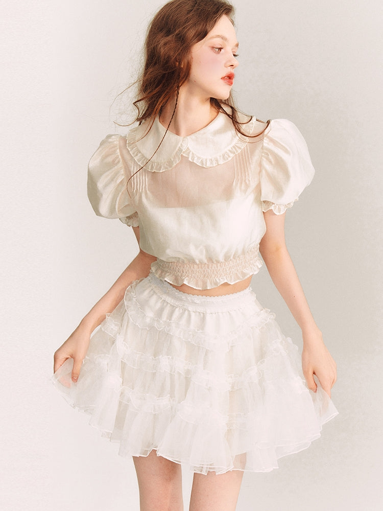 Puff-Sleeve Sheer Frill Girly Short Feminine Blouse