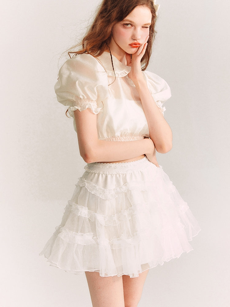 Puff-Sleeve Sheer Frill Girly Short Feminine Blouse