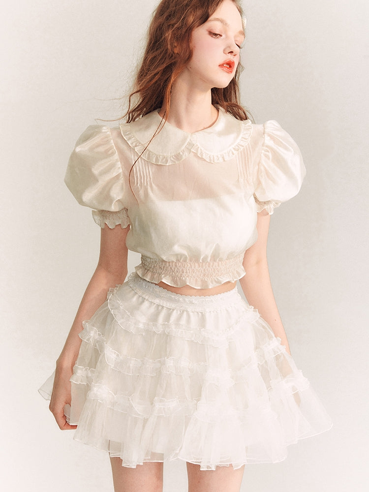 Puff-Sleeve Sheer Frill Girly Short Feminine Blouse