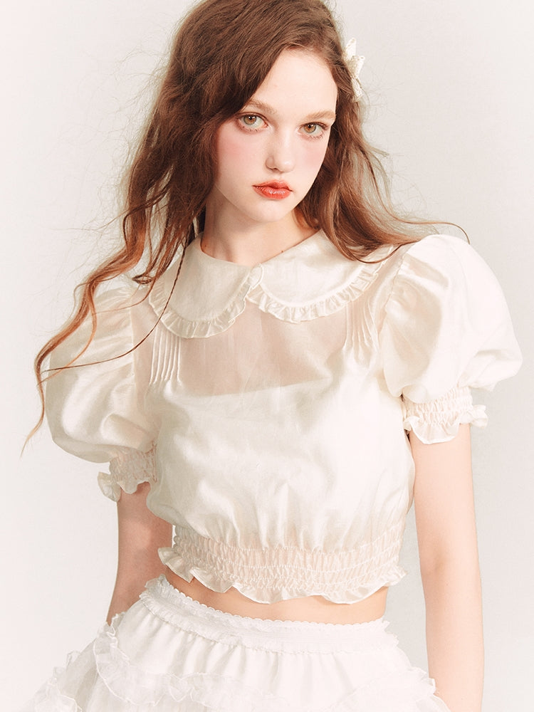 Puff-Sleeve Sheer Frill Girly Short Feminine Blouse