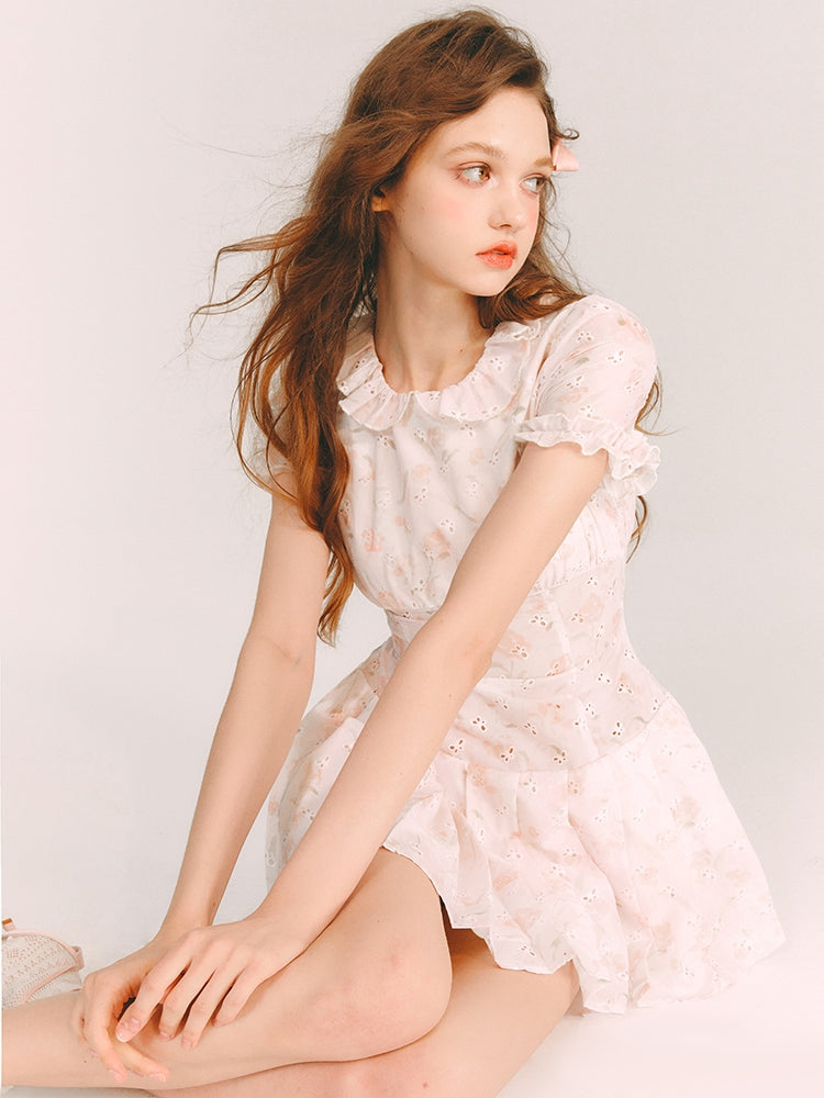 Punching Butterfly Frill Puff-Sleeves Feminine Mini-One-Piece