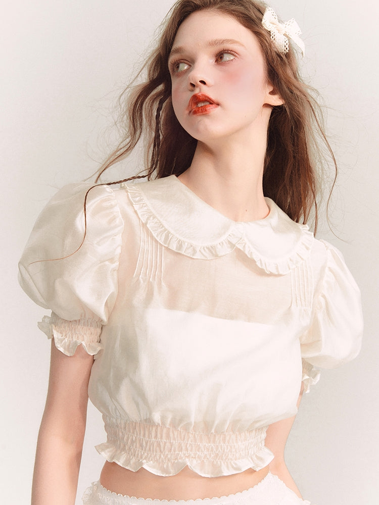 Puff-Sleeve Sheer Frill Girly Short Feminine Blouse