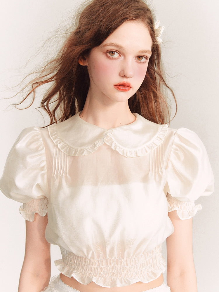 Puff-Sleeve Sheer Frill Girly Short Feminine Blouse