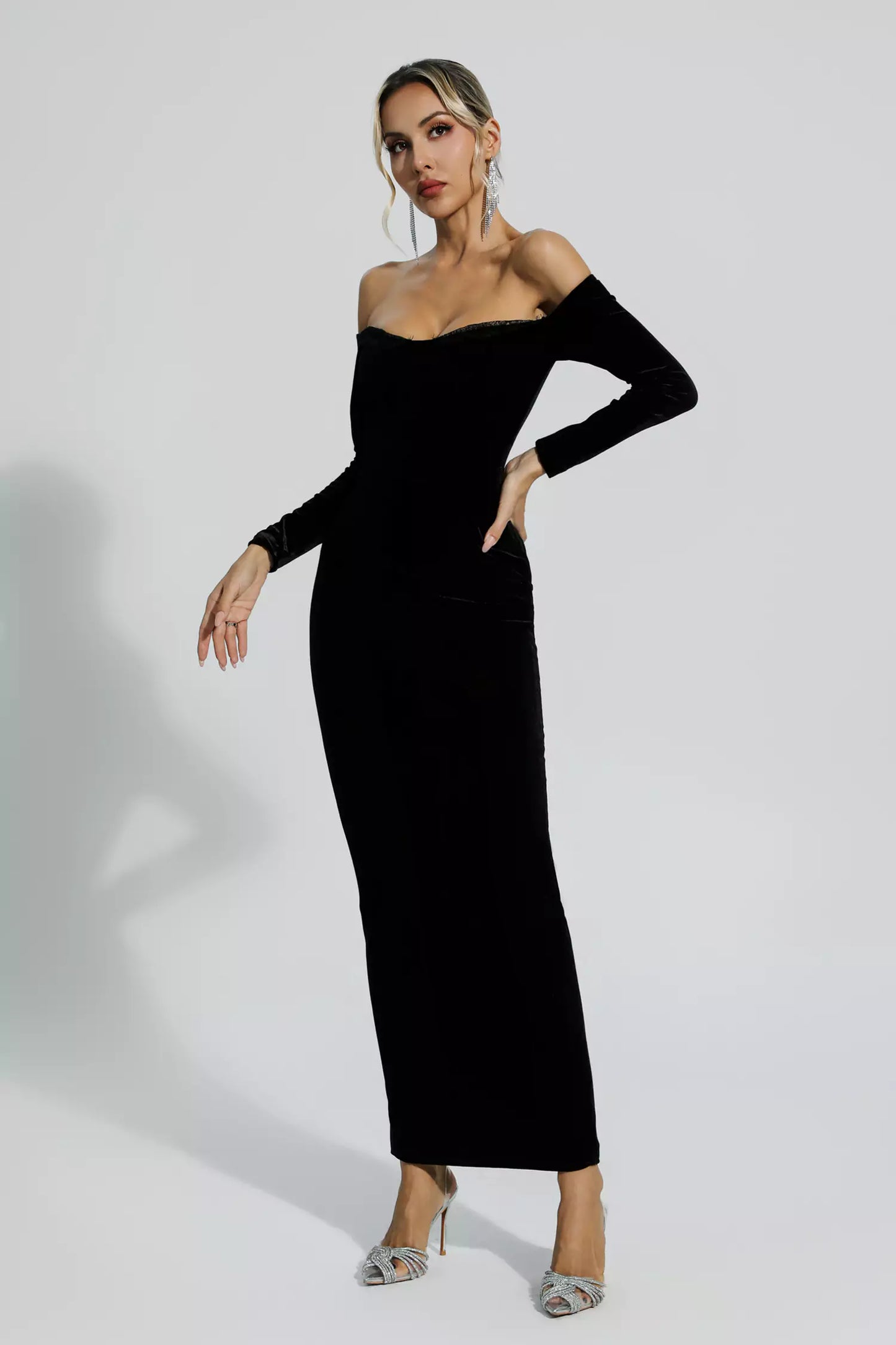 black velvet long sleeve maxi dress Coast Square Neck Velvet Sequin Long Sleeve Black Maxi Dress