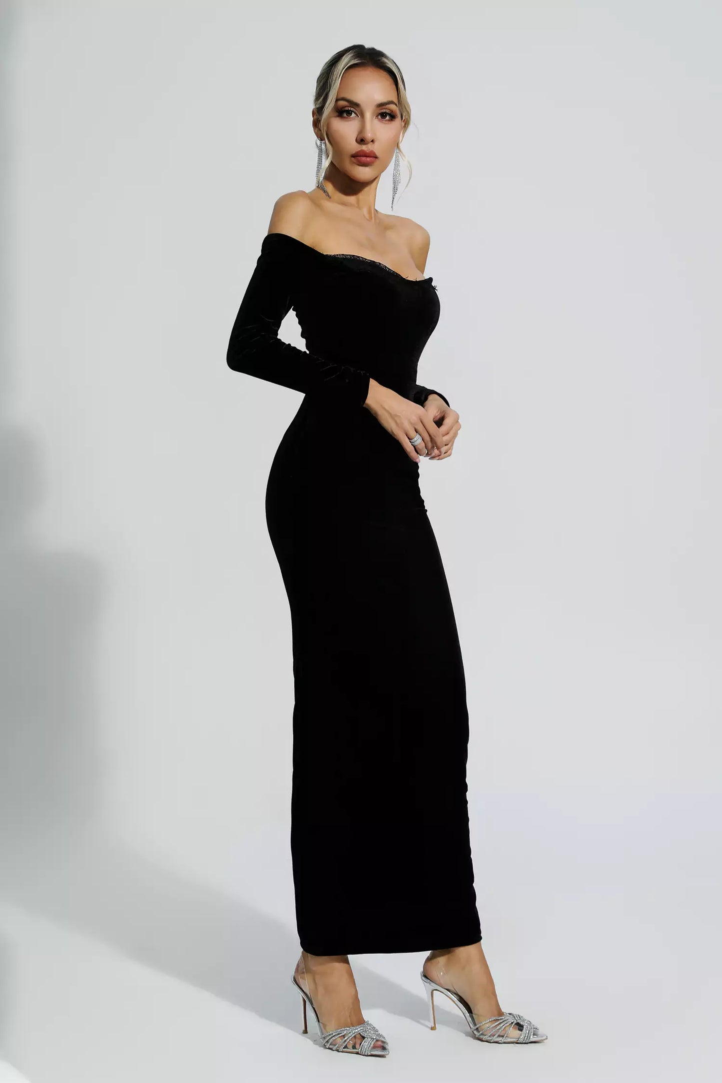 Keilani Black Velvet Long Sleeve Maxi Dress FancyAdd Keilani Black Velvet Long Sleeve Maxi Dress FancyAdd