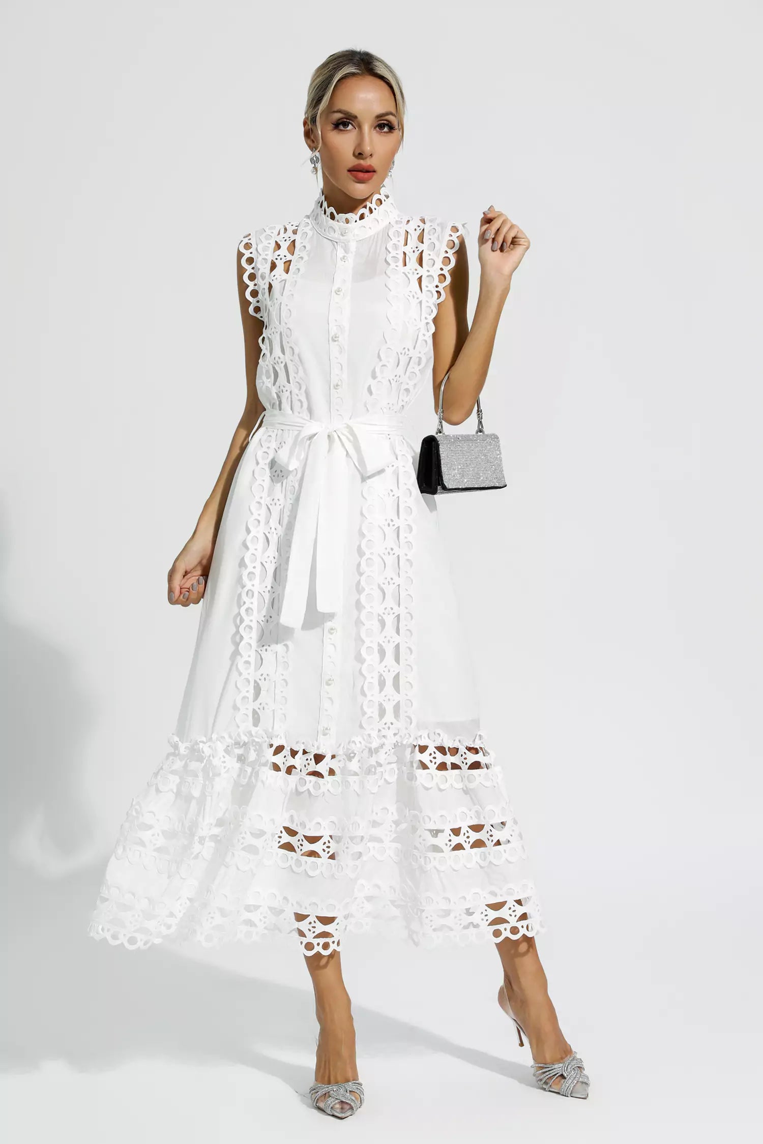 Kennedi White Sleeveless Hollow Maxi Dress – FancyAdd