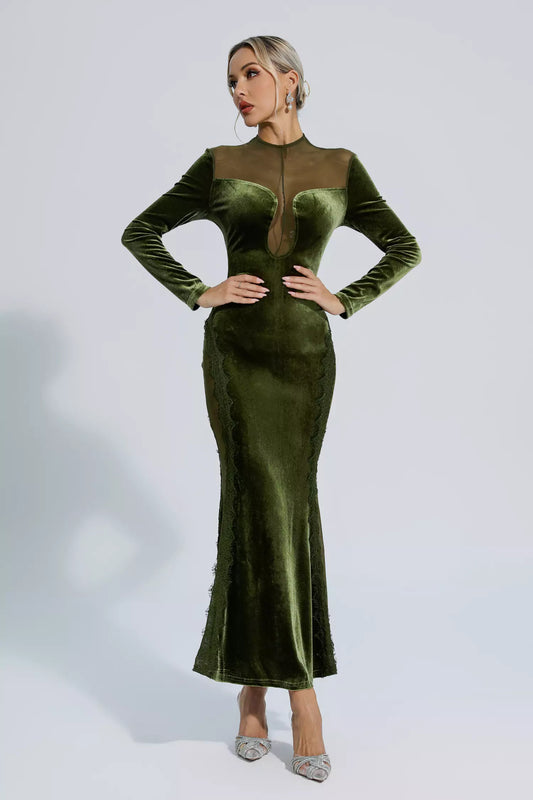 Laurel Green Mesh Long sleeve Maxi Dress FancyAdd Laurel Green Mesh Long sleeve Maxi Dress FancyAdd