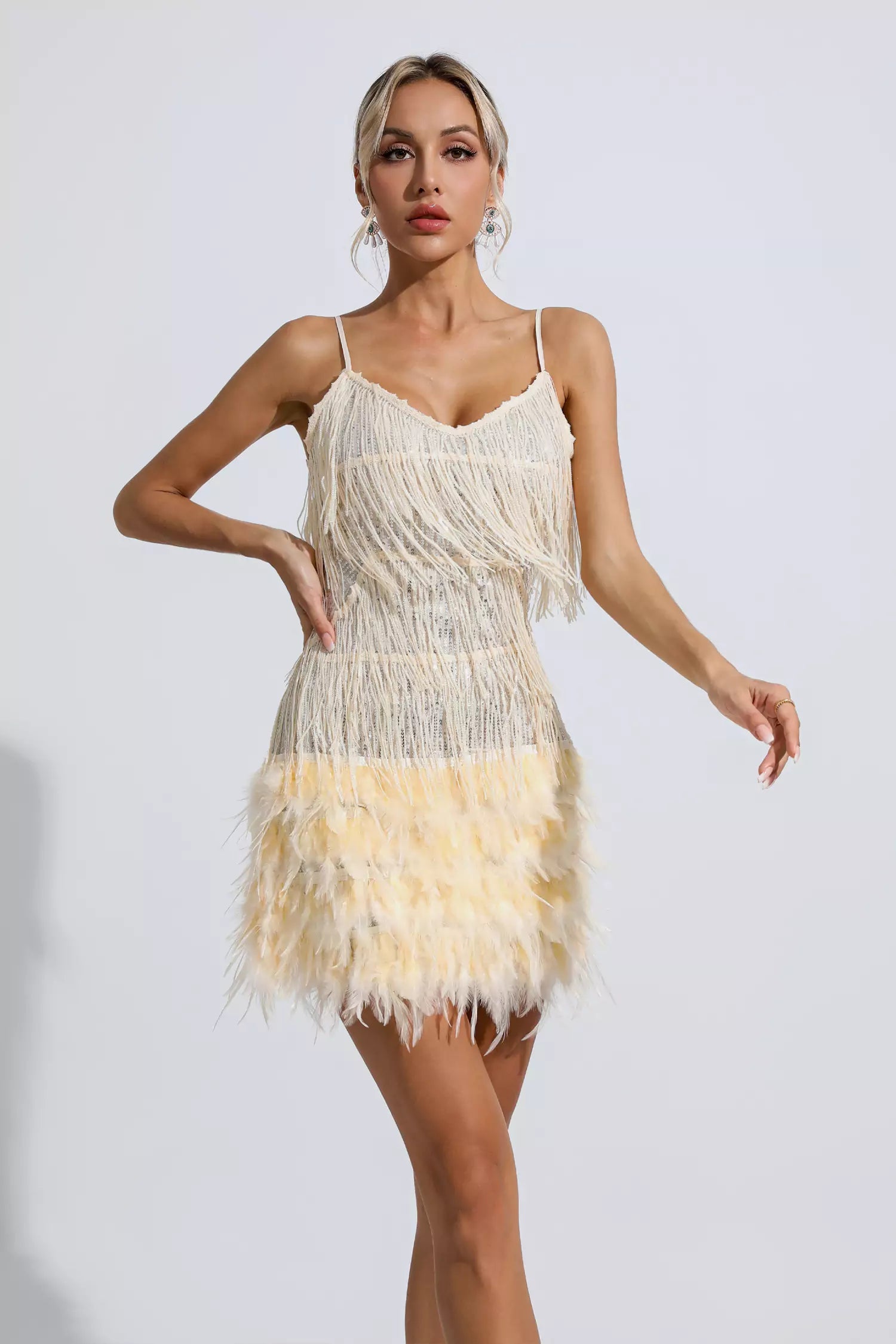 Lilliana Champagne Feather Tassel Sequin Mini Dress – FancyAdd