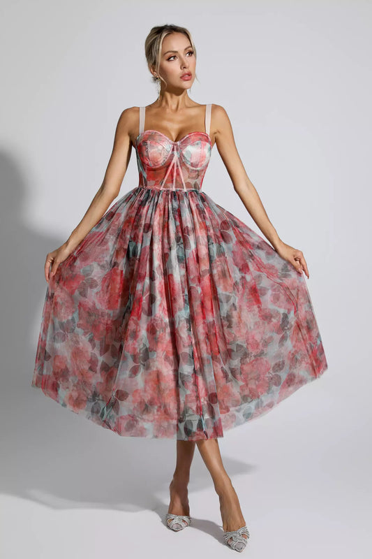 리릭 레드 플로럴 미디 드레스