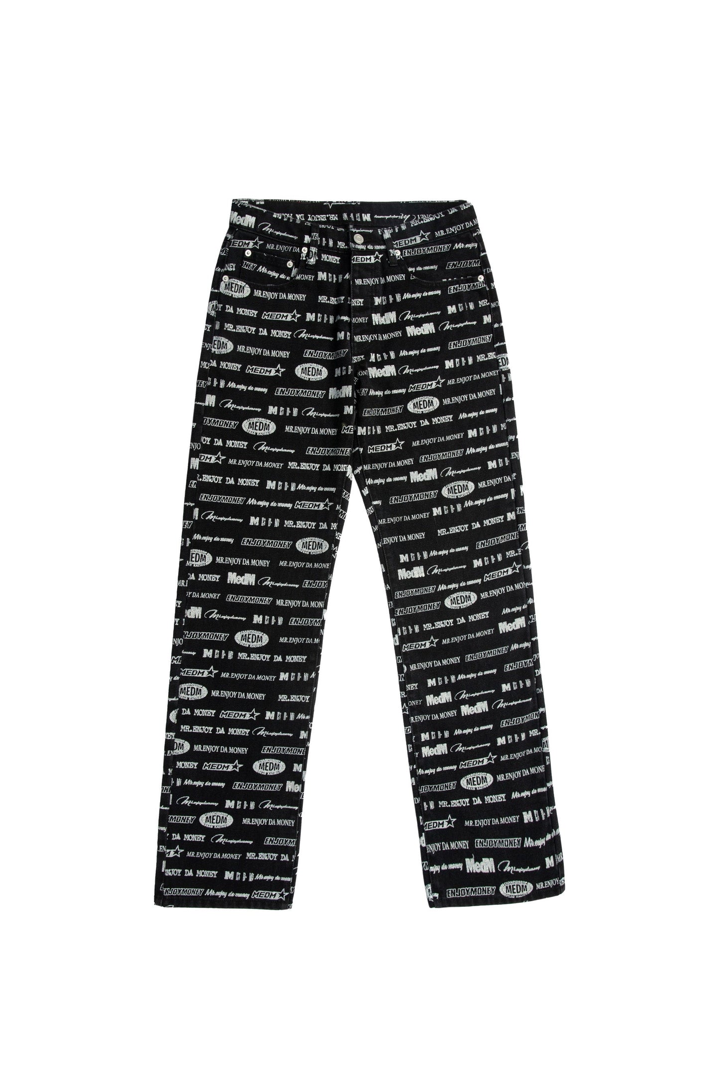 MEDM ロゴ柄プリント ブラックデニムパンツ