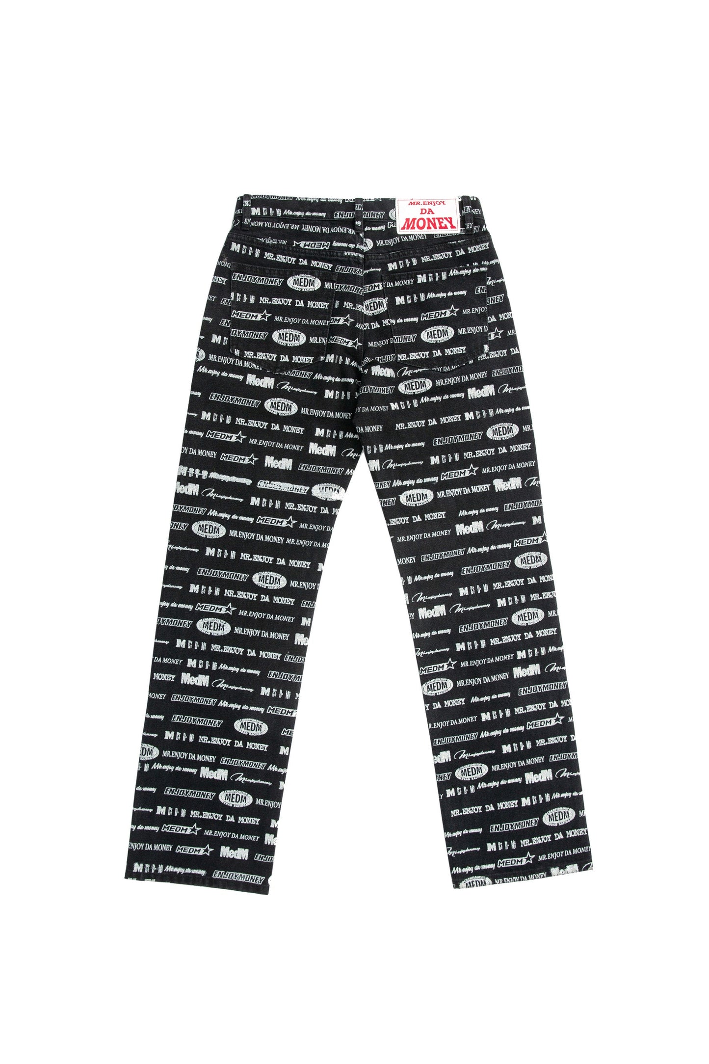 MEDM ロゴ柄プリント ブラックデニムパンツ