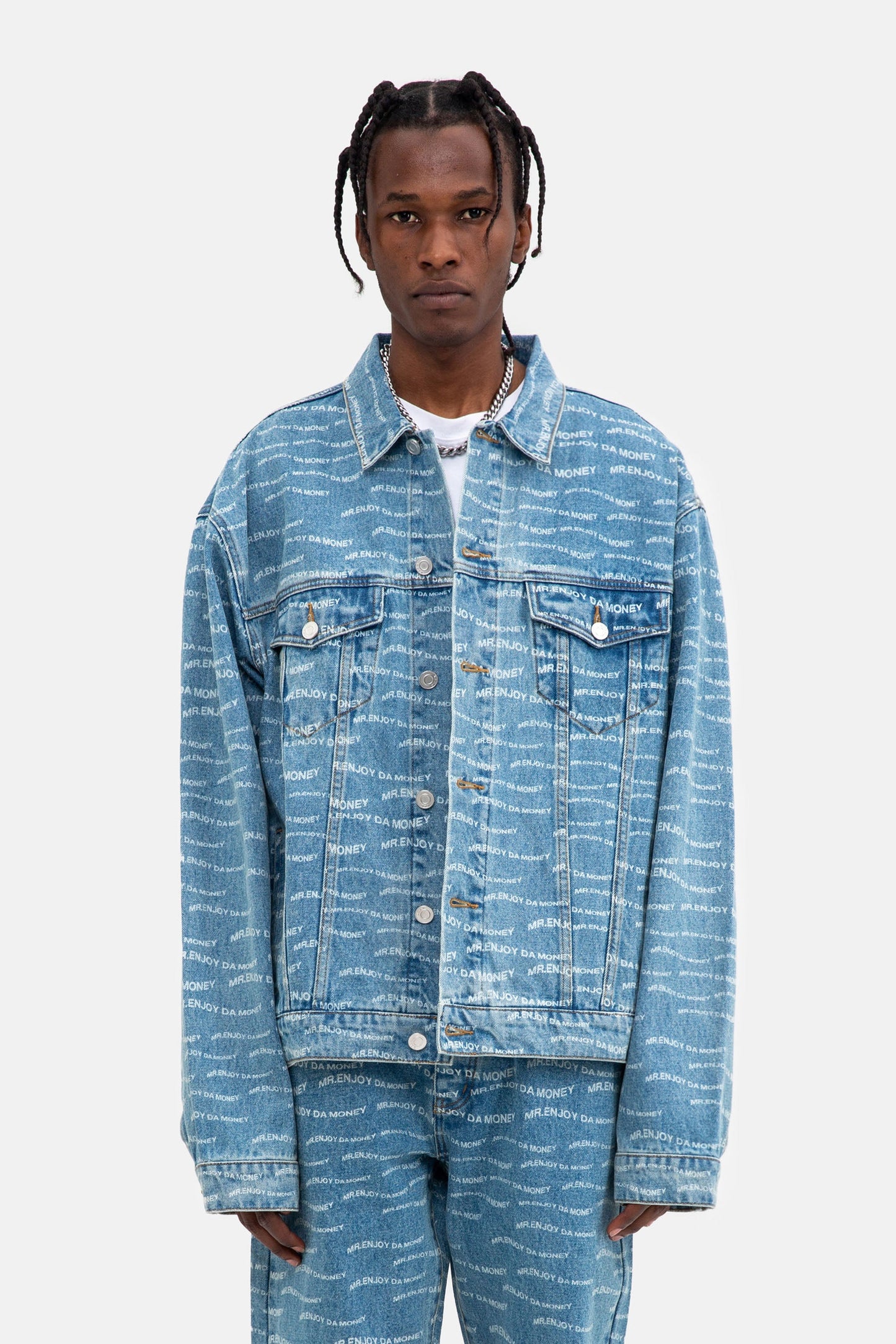 MEDM 로고 패턴 프린트 블루 데님 재킷