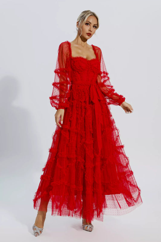 Maryam 레드 웨딩 신부 들러리 맥시 드레스