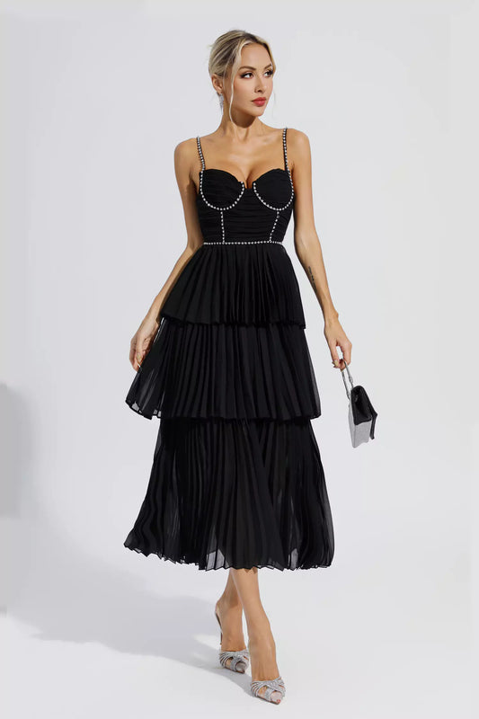 Meredith Black Diamond 주름 장식 미디 드레스