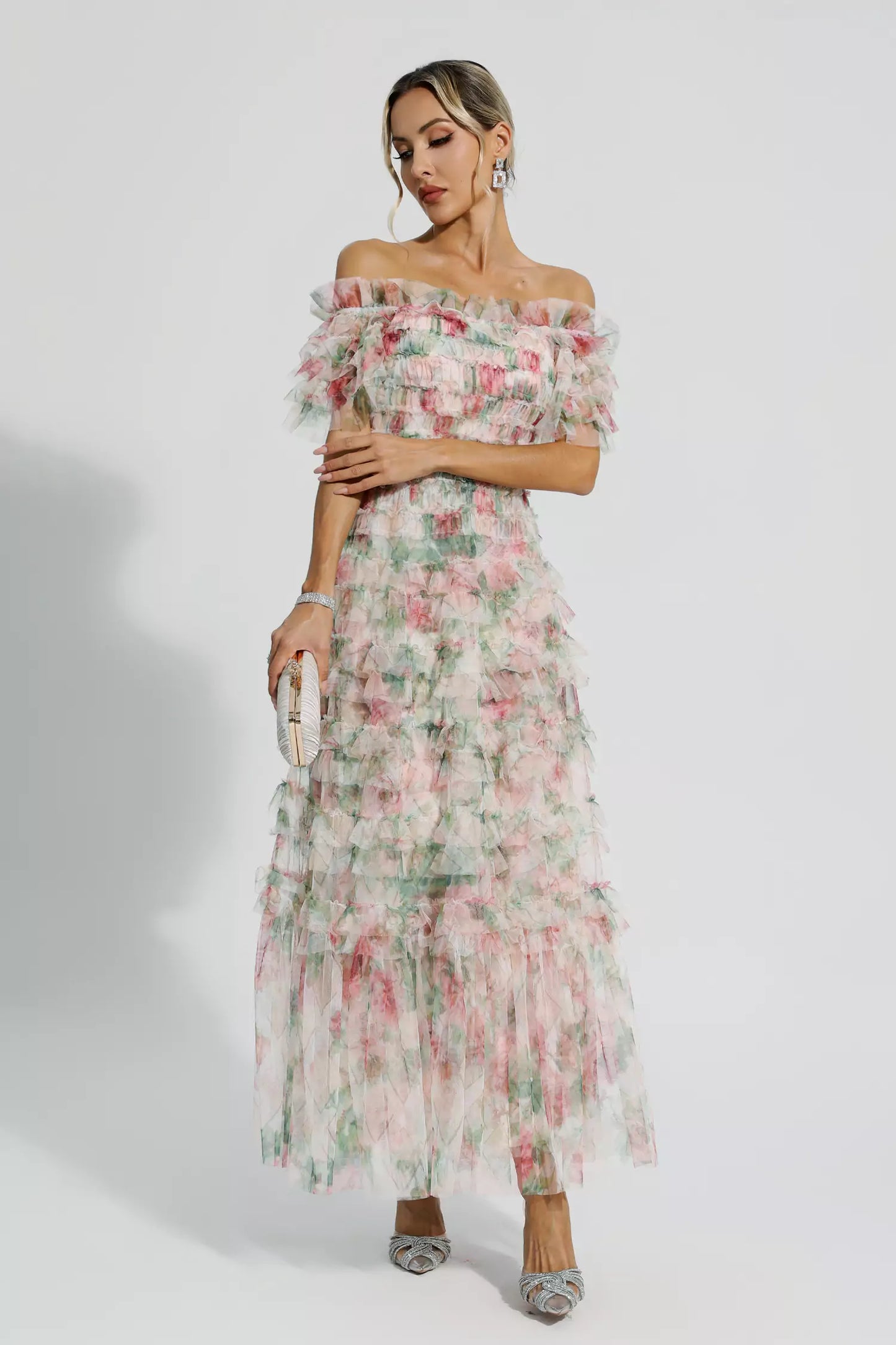 Nola Apricot Ruched Floral Maxi Dress