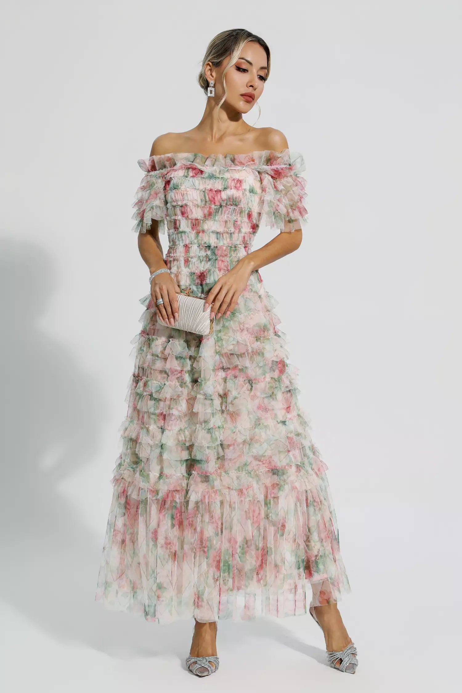 ruched floral maxi dress Nola Apricot – FancyAdd evening party or any link2lux location 1 Color:Natural Wood Elegant Champagne Bridesmaids Dresses