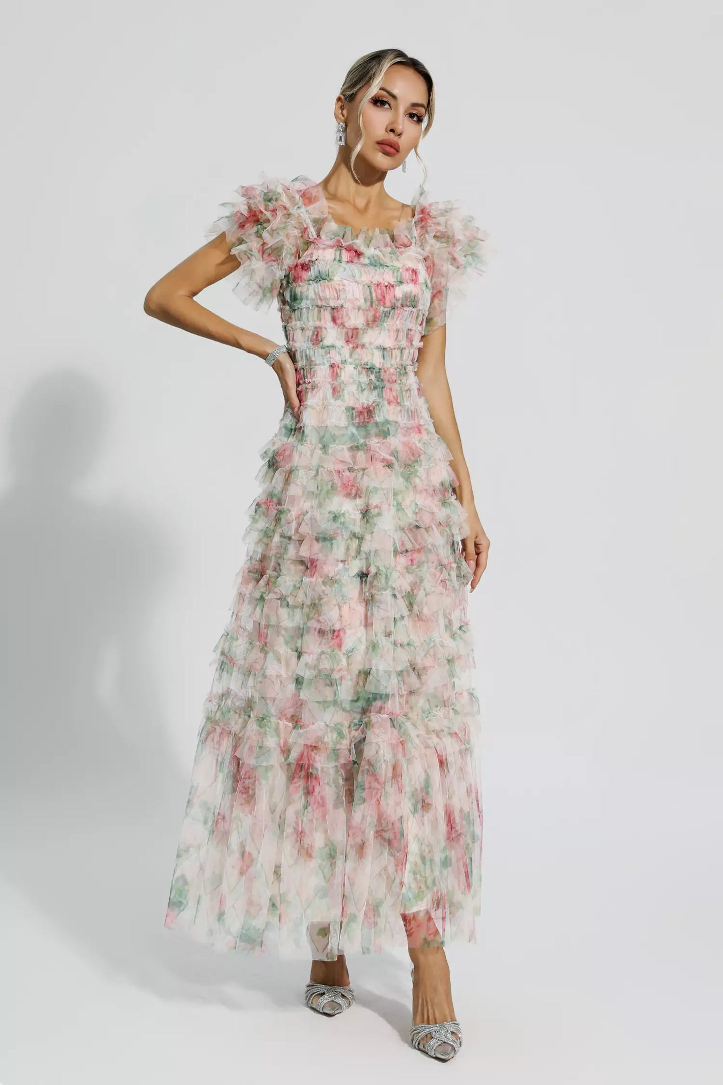 Nola Apricot Ruched Floral Maxi Dress