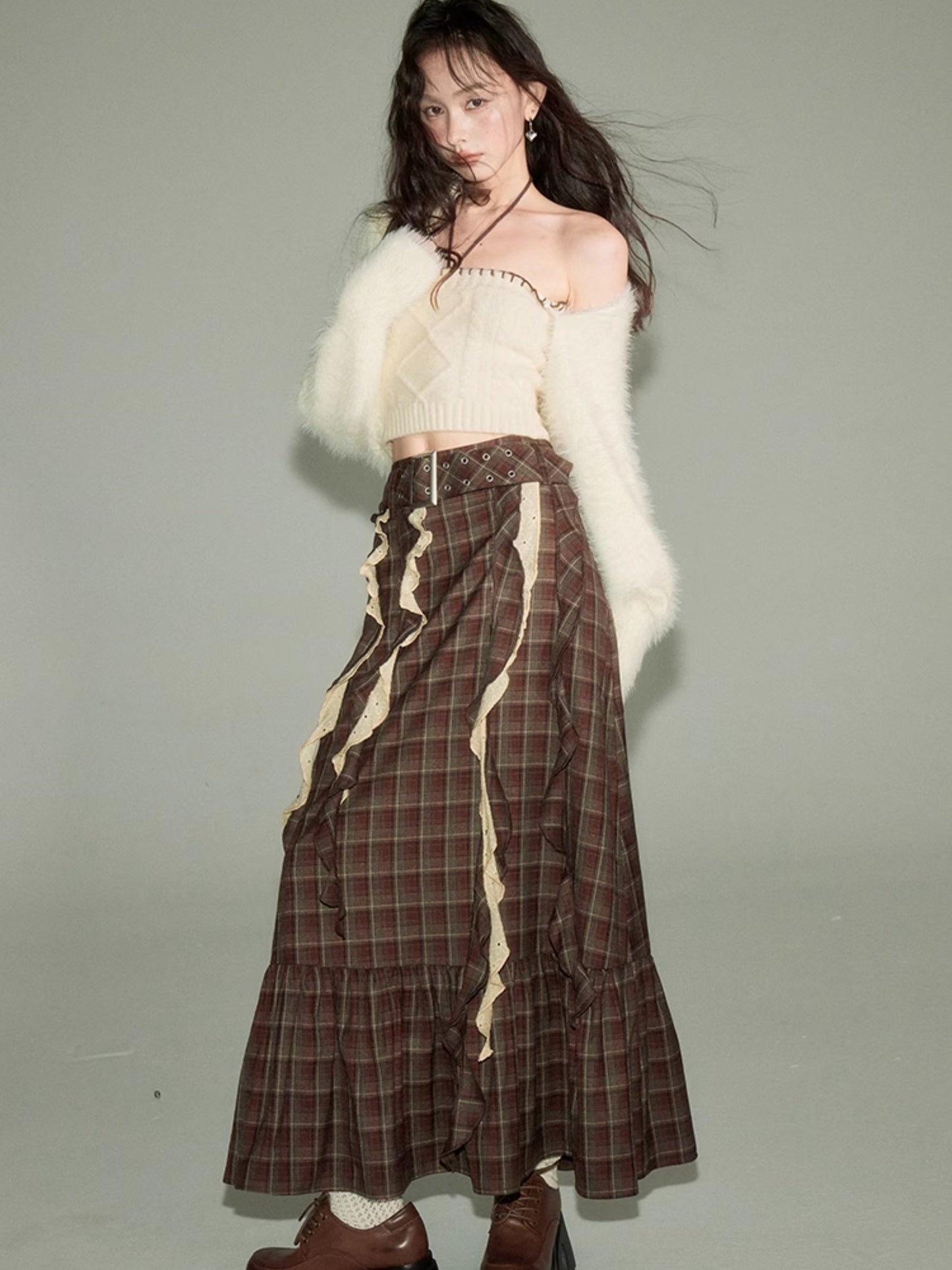 Ribbon Frill Plaid Flounce Skirt