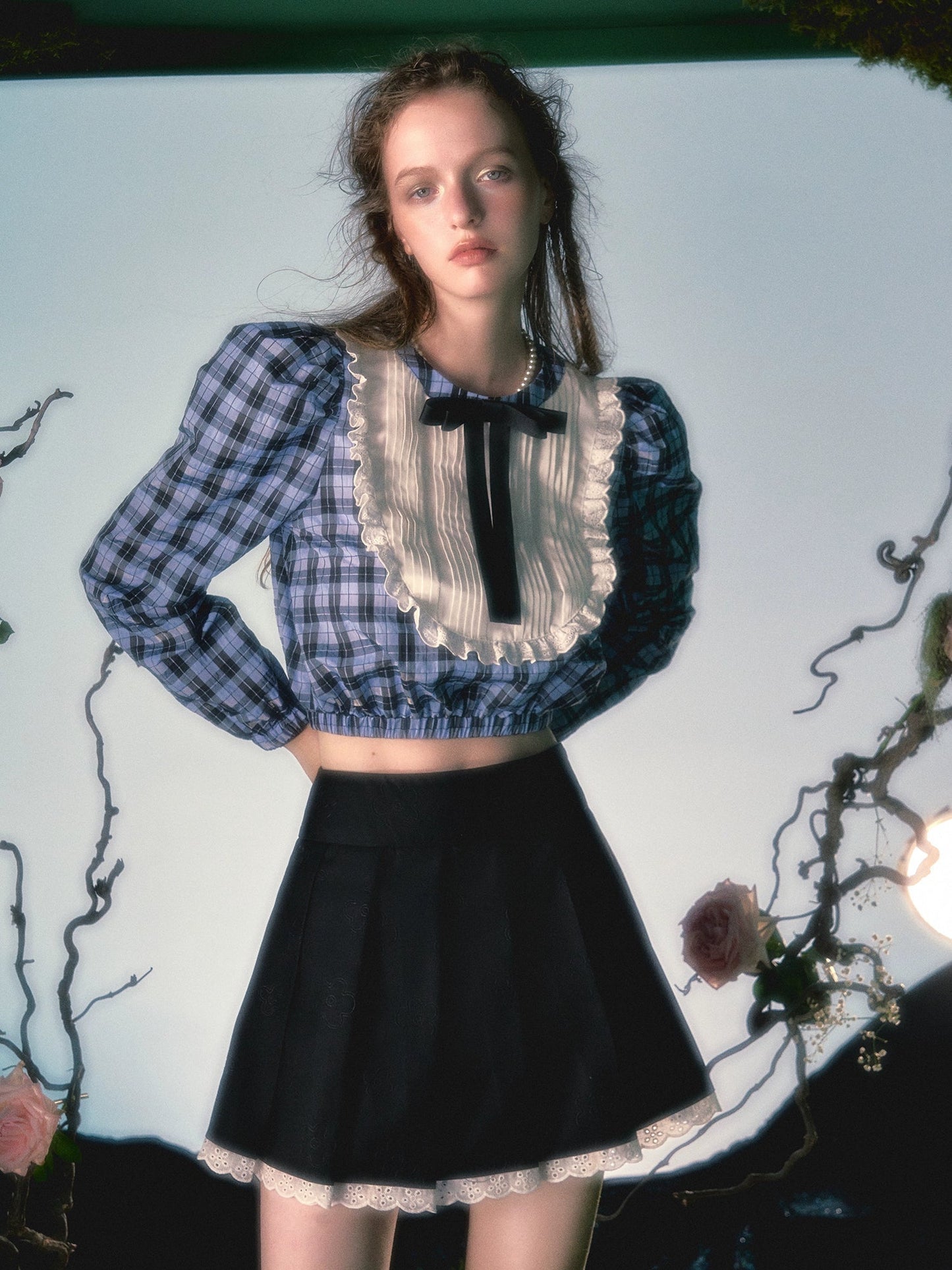 레이스 장식 플리츠 스커트 