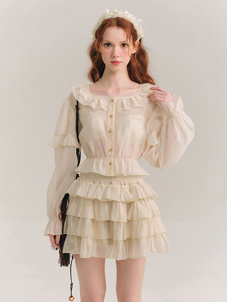 Shimmer Ruffle Collar Shirt & Cake Skirt