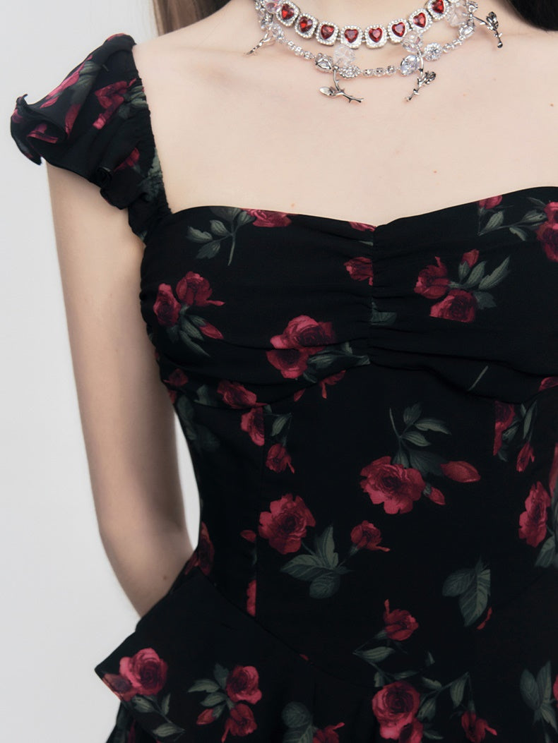 Rose Floral Belt Chest Strap Dress