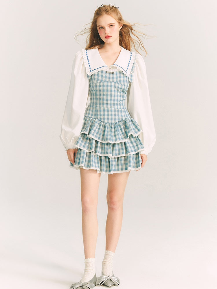 Plaid Strap Puff Skirt Dress