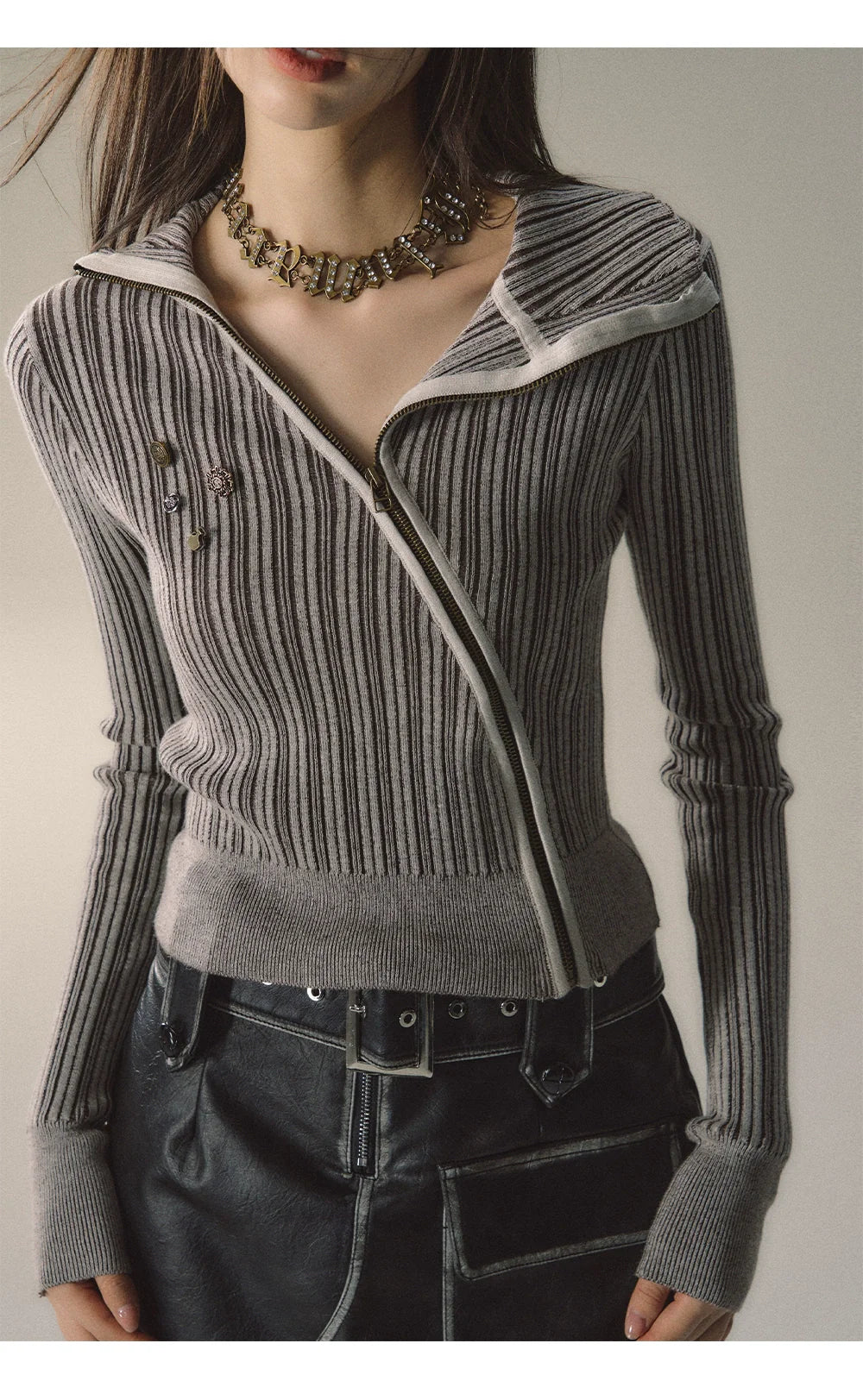Mocha & Red Zipper Striped Turtleneck