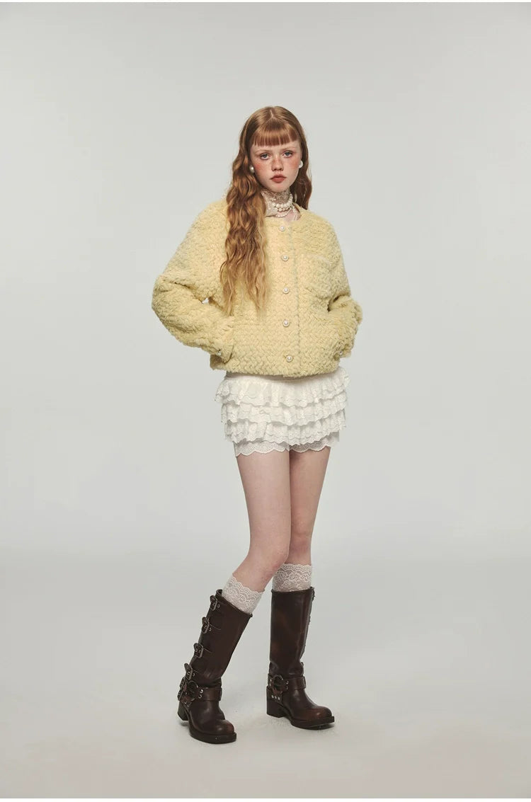 Yellow Faux Fur Casual Crop Coat