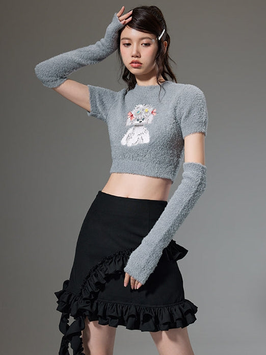 Puppy Embroidered Short Sleeve Knit Sweater
